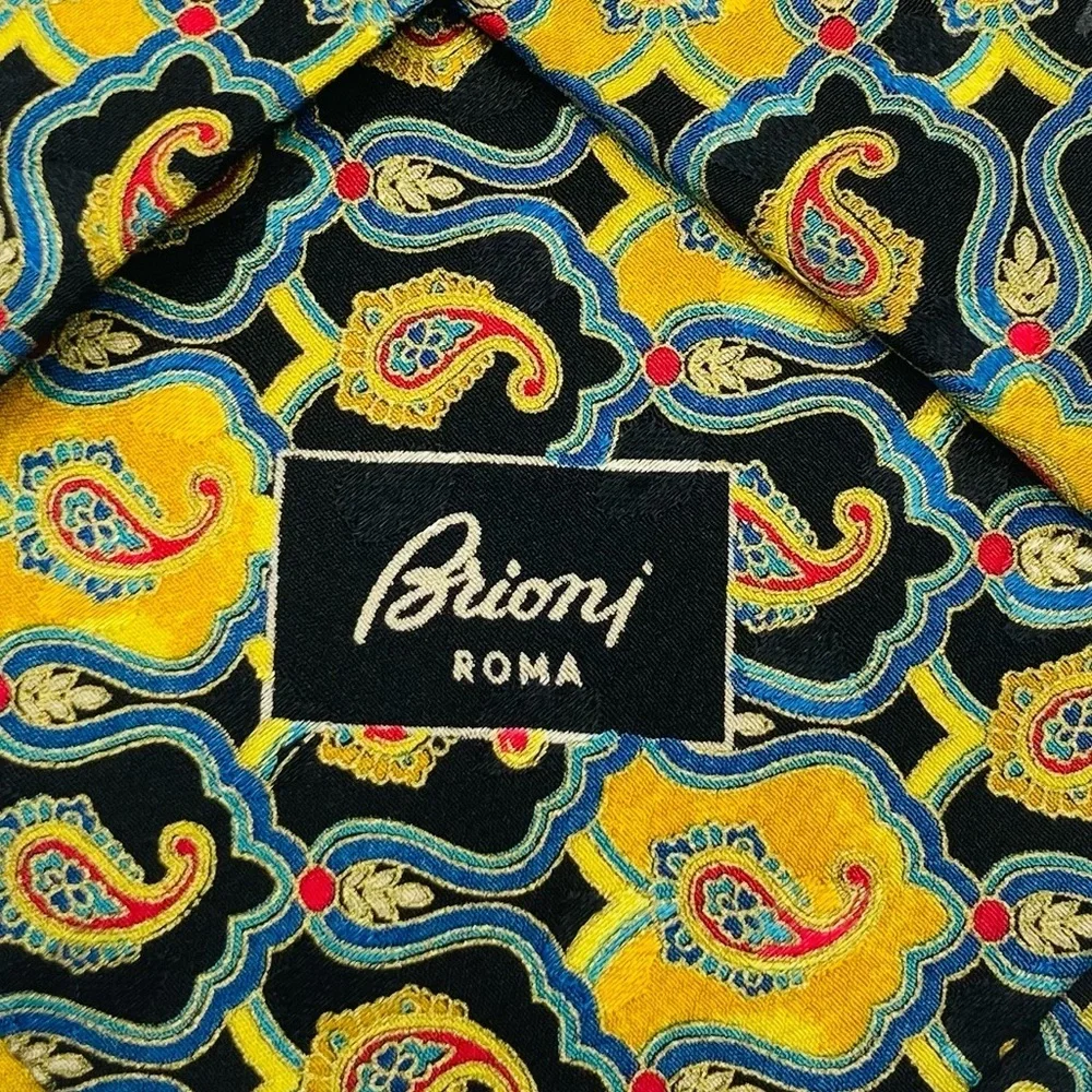 Brioni Roma silk black yellow blue and pink paisley vintage tie.